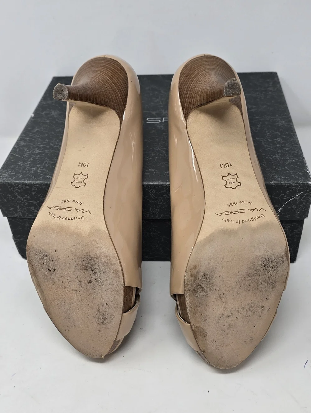 Via Spiga 10 v-unity nude‎ patent leather peep toe pumps heels preppy old money